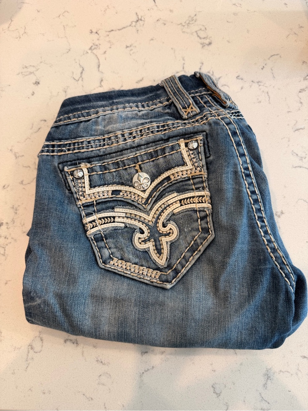 Rock Revival Blue Boot Cut Jeans with Embroidered Rhinestone Pocket